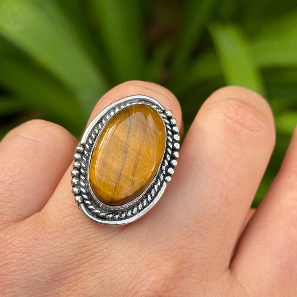Size 6.5 925 silver plated flashy tiger eye‎ ring 0944